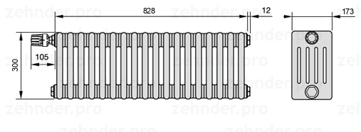 Схема (чертеж) Радиатор Zehnder Charleston 5030/18 №V011 Белый глянцевый RAL 9016